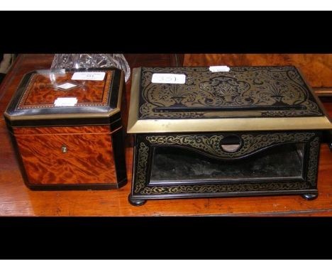 A small 19th century walnut tea caddy, together with a 19th century cut brass letter box - 22cm 