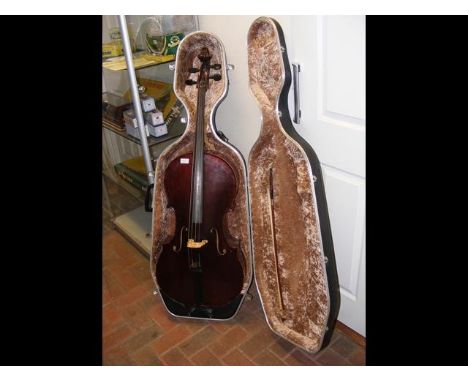 An antique cello with bow - 120cm long - in modern hard case CONDITION REPORTAs per images - overall length 76cms - without b