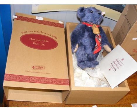 A new Steiff collectable bear 'Holland Bear Blue 36' - 1999 - with growler - Certificate and box - 36cm high 