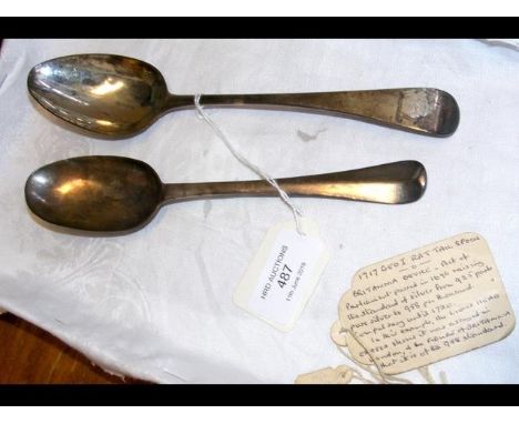 A Georgian silver serving spoon and one other CONDITION REPORTRat tail spoon - London 1717 - 19cms - tarnished;Spoon with hog