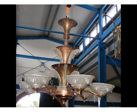 An usual art deco six branch chandelier - the glass shades having icicle design - 90cm diameter CONDITION REPORTMetal tarnish