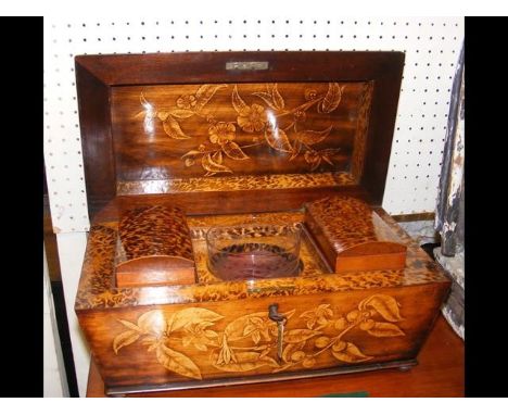 A 19th century large tea caddy with fully fitted interior and poker work decoration - 40cm 