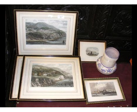 Antique engravings relating to the Isle of Wight, including Ventnor, together with a Poole Pottery vase 