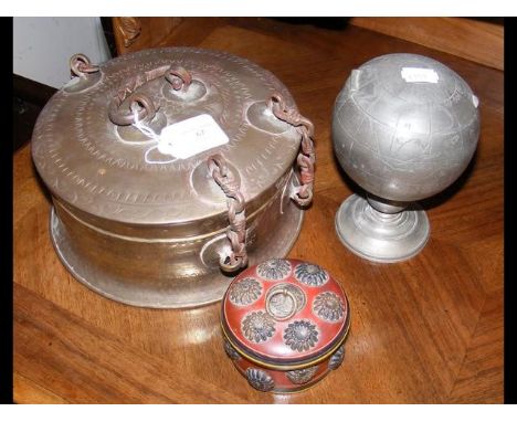 A Middle Eastern metal lidded casket, together with pewter world tea caddy, etc. 
