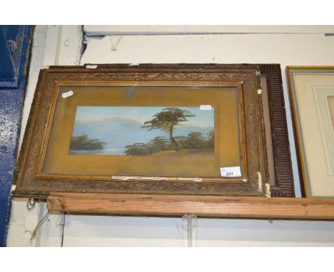 Mixed Lot: Late 19th Century school study of a loch side scene, oil on board together with a coloured print, First Light (2)