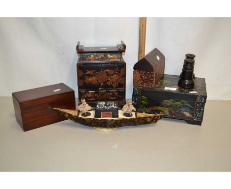 Mixed Lot: Small Oriental table top cabinet with black lacquered decoration, similar jewellery box, a small tea caddy, leathe