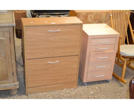 A modern light wood finish shoe rack and accompanying five drawer chest (2)