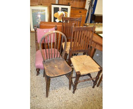 A pair of sisal covered dining chairs together with a further stick back chair and a pink upholstered Victorian nursing chair