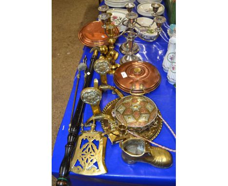 Mixed Lot: Silver plated candelabra, bed warming pans, brass fire irons, fire tools and other assorted items