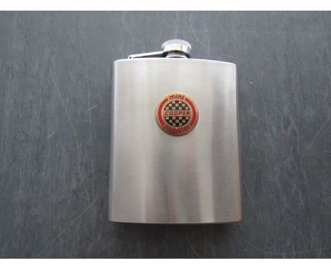 A hip flask "Mini Cooper register" badge to front 