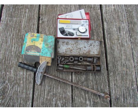 A box of mixed including tubeless tyre remover and a vintage torque wrench etc 
