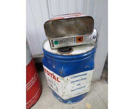 Three French oil cans including hexagon shape Total SAE 30 can, BP Actifuel 2000 can and Marline Curburant two temps 