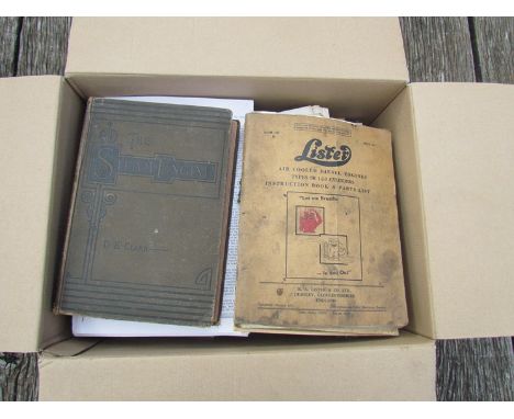 A box of books, manual, lists etc covering stationary engines, steam including 'The Steam Engine' by D.K.Clark 