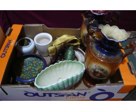Sundries to include mantel vases, sylvac planter, cloisonne style bowl etc.