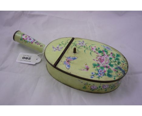 A pale green canton enamel hinged oval box with handle with floral and butterfly decoration, 25cm x 11cm x 4cm high