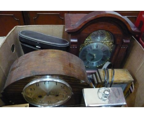 Various mantel clocks to include Sterling Croydon, cased binoculars etc.