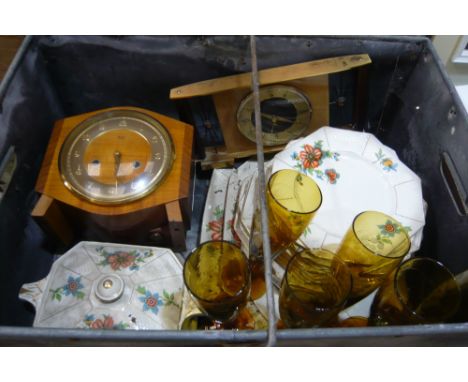 Amber glassware, floral dinnerwares, deco clock and Smiths Enfield mantel clock