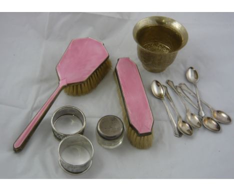 Silver napkin rings, enamel brushes, spoons etc.