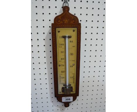 An Edwardian inlaid mahogany wall mounted thermometer, 34cm x 9cm