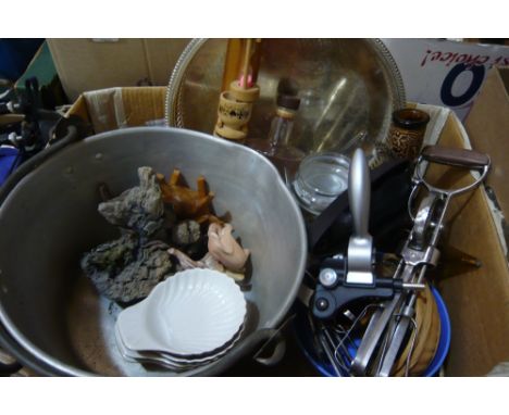 Sundries to include nut cracker, hand whisk, figural ornaments etc.