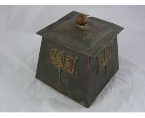A Liberty style beaten copper lead lined caddy with stylised floral motif, 13cm square x 14cm high
