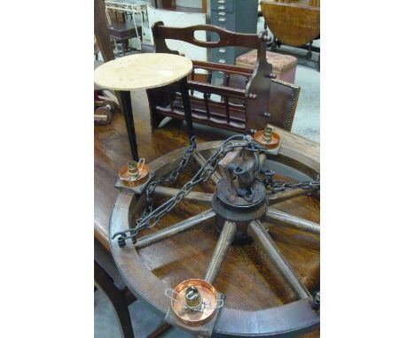 Retro table, magazine rack and wheel ceiling light fitment