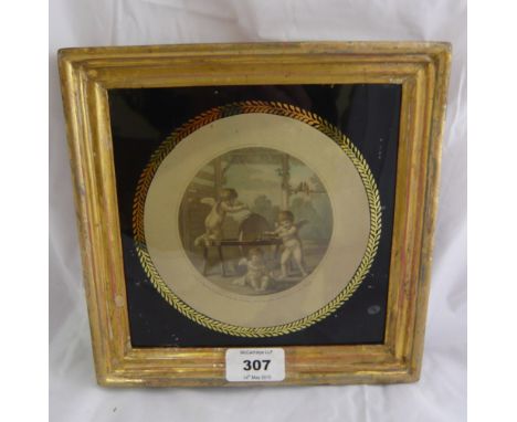 An 18th century gilt framed print of putti sharpening their arrow heads by Stefano Bartolozzi in a Verre eglomise mount, 21cm