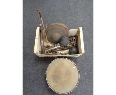 A box containing vintage snare drum with cymbals and stands together with a pair of maracas  