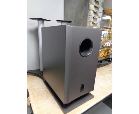 An Onkyo SKW-240 sub woofer together with two speaker stands   