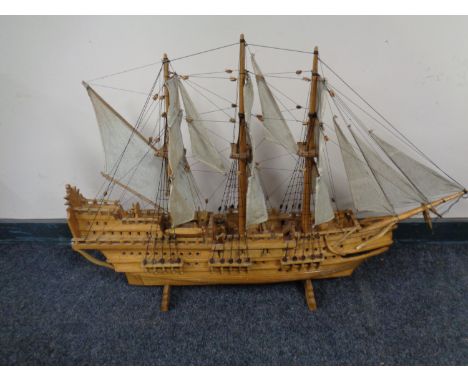 A hand built wooden model of a three masted galleon 