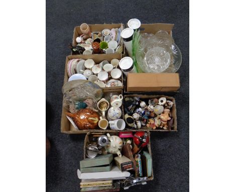 Six boxes containing miscellaneous china, ornaments, vintage soda siphon, glassware, Dartington stemless wine glasses, beer s