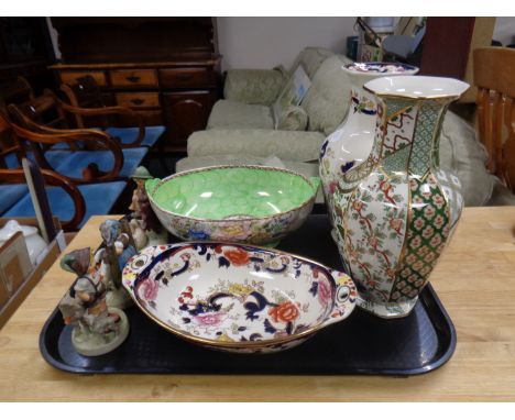 A tray containing Maling peony rose bowl together with three pieces of Masons china to include bowl and two vases, and three 