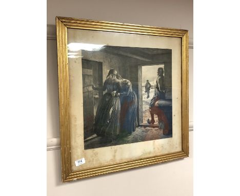 An antique monochrome print, figures in a doorway, 52 x 53 cm 
