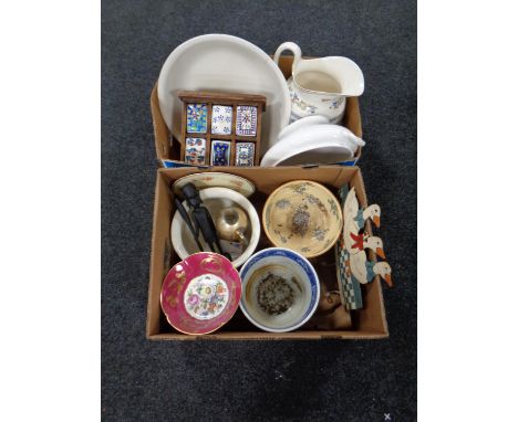 Two boxes containing assorted ceramics to include wash jug and basin, a Limoges comport, a Wedgwood fallow deer blue and whit