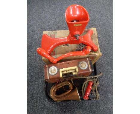 A tray containing vintage transistor radio, copper bugle, mid 20th century boxed Harper meat grinder, vintage iron, stop cloc