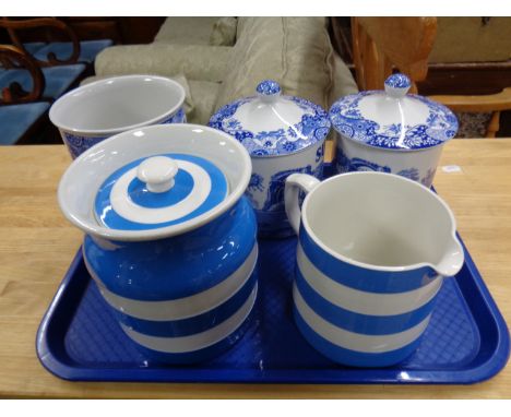 A tray containing T G Green Cornish jug and lidded sugar canister together with three pieces of Spode Italian kitchenware  