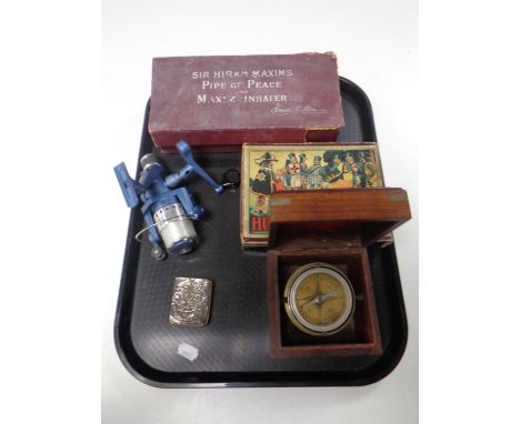 A tray containing miscellaneous to include boxed Sir Hiram Maxim's Pipe of Peace inhaler, ship's compass in box, silver front