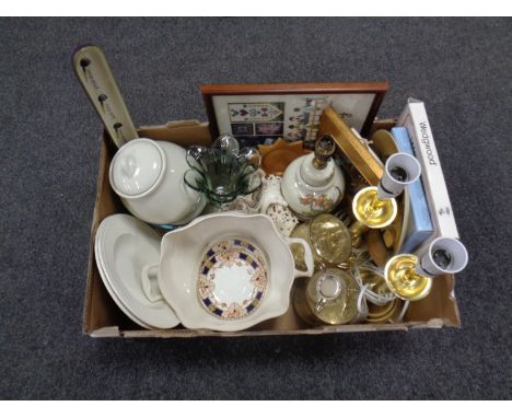 A box containing miscellaneous to include pair of brass table lamps, boxed Wedgwood Peter Rabbit and Thomas the Tank Engine C