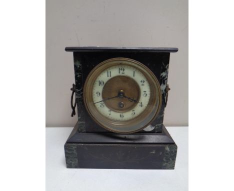 A 19th century marble and black slate mantel clock with brass and enamel dial   