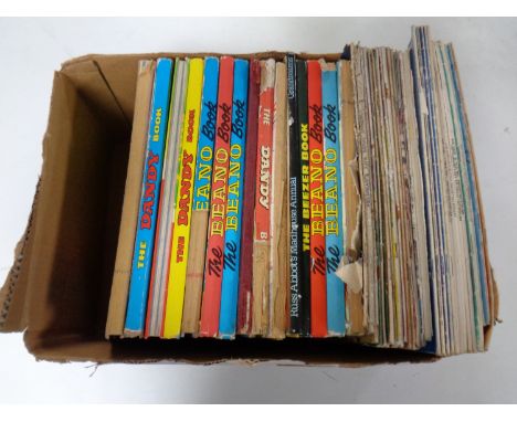 A box containing 20th century Beano and Dandy annuals together with vintage Practical Mechanics magazines 