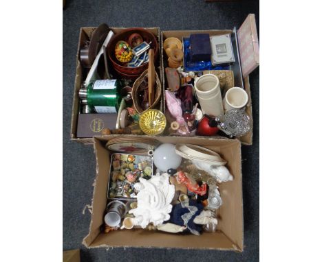Three boxes containing miscellaneous to include Staffordshire dogs, Gordon's gin ice bucket, wooden fruit bowls, ornaments, f