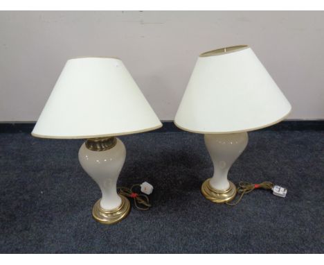 A pair of ceramic and brass table lamps with shades  