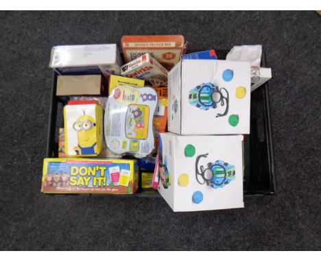 A crate containing card games, board games, Marvin's Magic Sets 