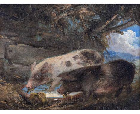 Attributed to George Morland (1763-1804)Piglets drinking in a stableIndistinctly signed, oil on panel, 10cm by 13cmIn an over