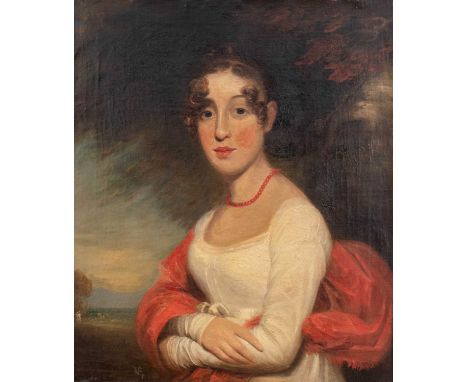 Circle of Sir William Beechey RA (1753-1839)Portrait of a young lady, half length, standing in a wooded landscape, wearing a 