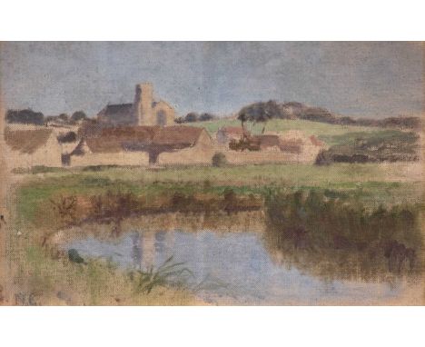 Norman Garstin (1847-1926) IrishRural landscape with village pond and church Oil on canvas, laid onto board, together with a 