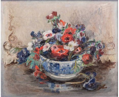 British School (20th century) "Anemones in a bowl"Initialled, with original artist's inscribed label verso, oil on canvas, 49