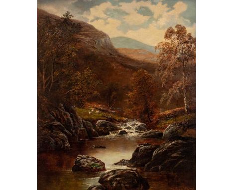 William Mellor (1851-1931)Sheep grazing in a river valleySigned, oil on canvas, 82cm by 70cmIn fully restored condition, fair