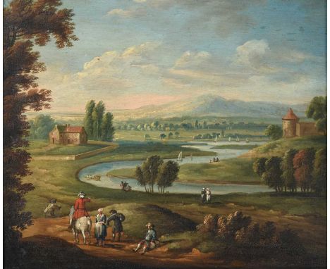 Matthijs Balen (1684-1766) DutchRiver landscape with travellers and other figuresOil on panel, together with a companion, 22c
