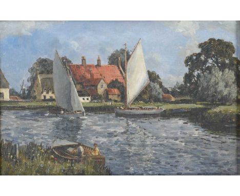 Campbell Archibald Mellon (1875-1955) "Summer Skies, Docking" Signed, inscribed on stretcher verso, oil on canvas, 28.5cm by 